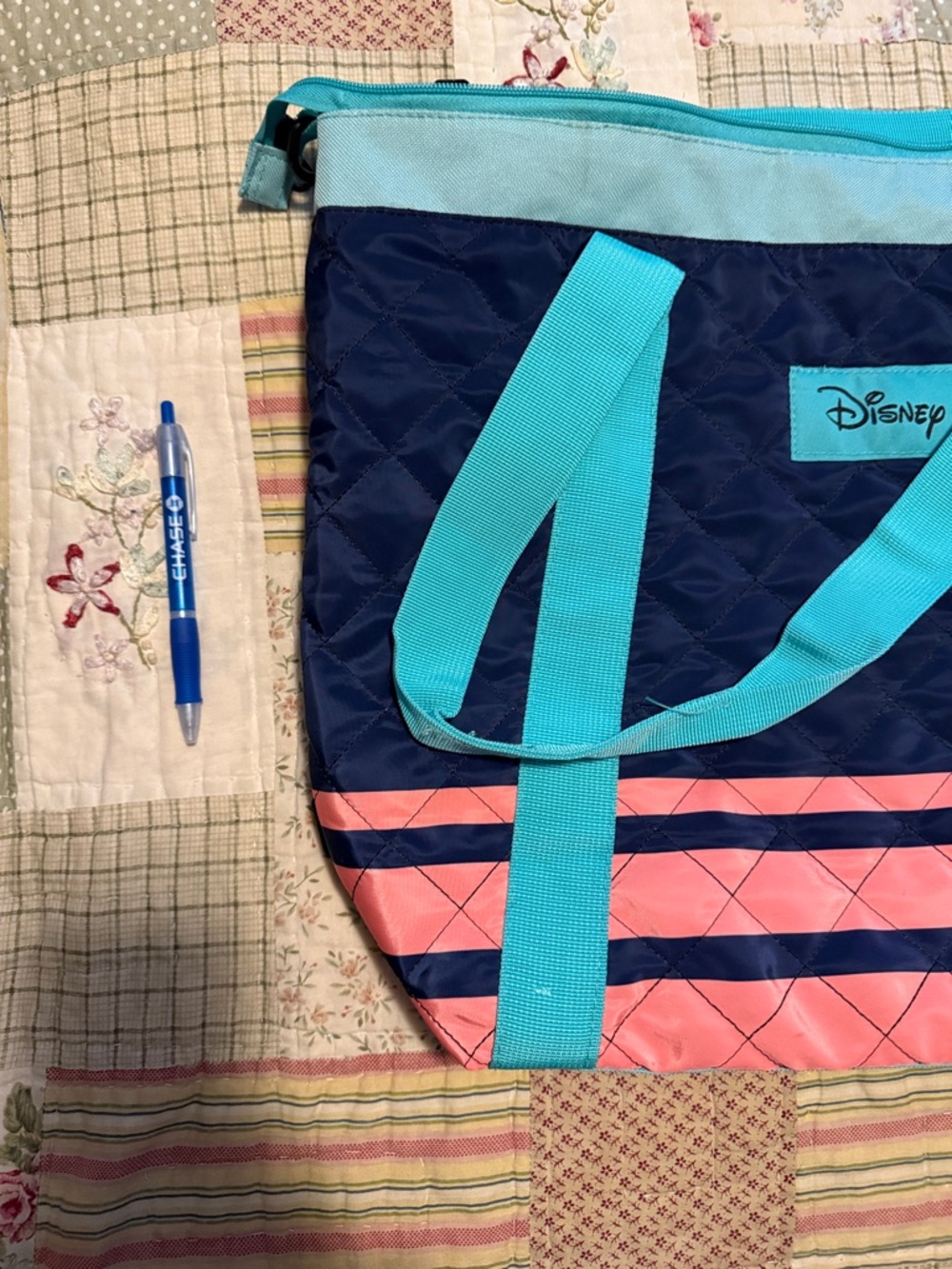 Disney Quilted Stitch Tote Bag - Turquoise, Navy & Pink - Picture 6 of 8